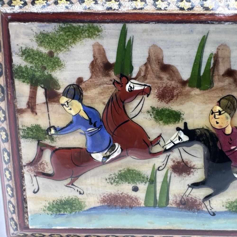 Persian‎ Khatam Wood Trinket Box Hand Made Inlaid With Hunting Scenes On Lid - Picture 8 of 16